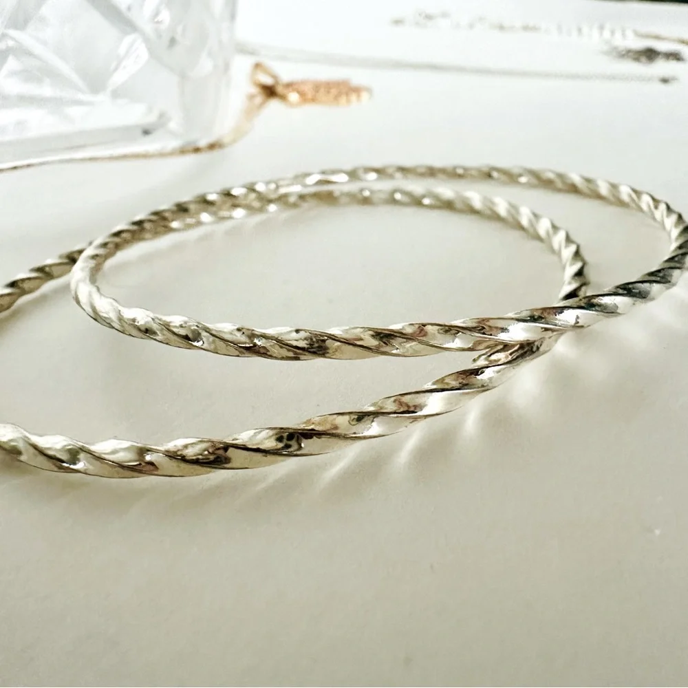 Twin Sterling Silver Dainty Twisted Bangle Bracelets, Signed FAS 925, 9g - Picture 1 of 7